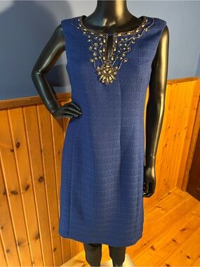 NWT. Ellen Tracy Royal Blue Textured Beaded Sheath Dress. For Special Occasions